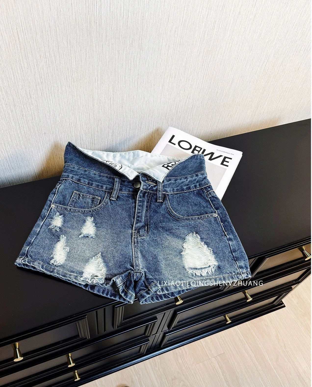 American Retro Spice Girl Flanged Low Waist Denim Shorts Women's Ripped Design Denim Shorts Hot Pants