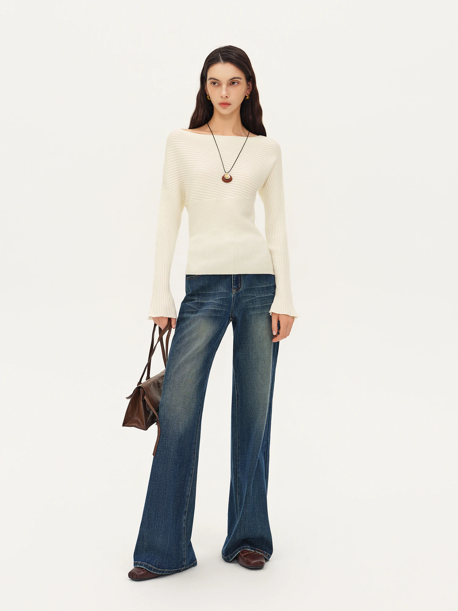 ZIQIAO Women's 2026 Autumn New Style Off-Shoulder Wool Knit Sweater Slimming Waist Long Sleeve Basics Simple Solid