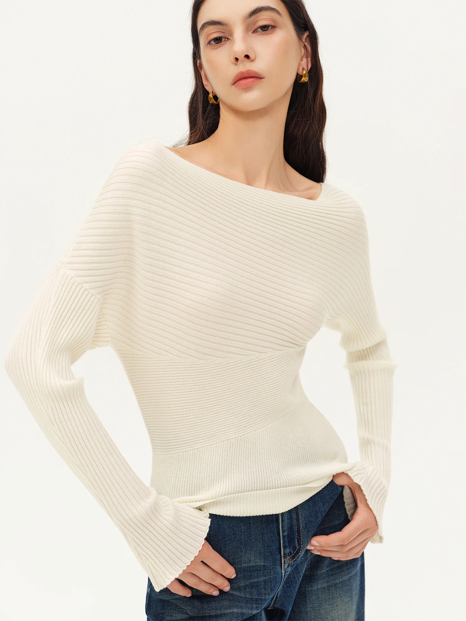 ZIQIAO Women's 2026 Autumn New Style Off-Shoulder Wool Knit Sweater Slimming Waist Long Sleeve Basics Simple Solid