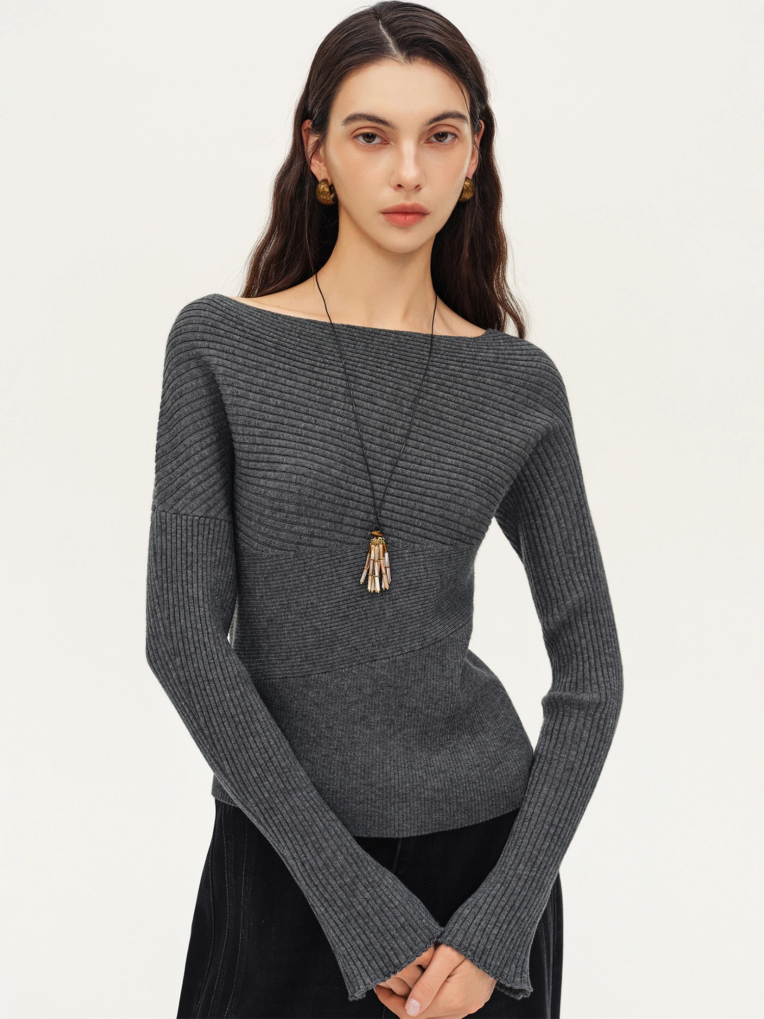 ZIQIAO Women's 2026 Autumn New Style Off-Shoulder Wool Knit Sweater Slimming Waist Long Sleeve Basics Simple Solid