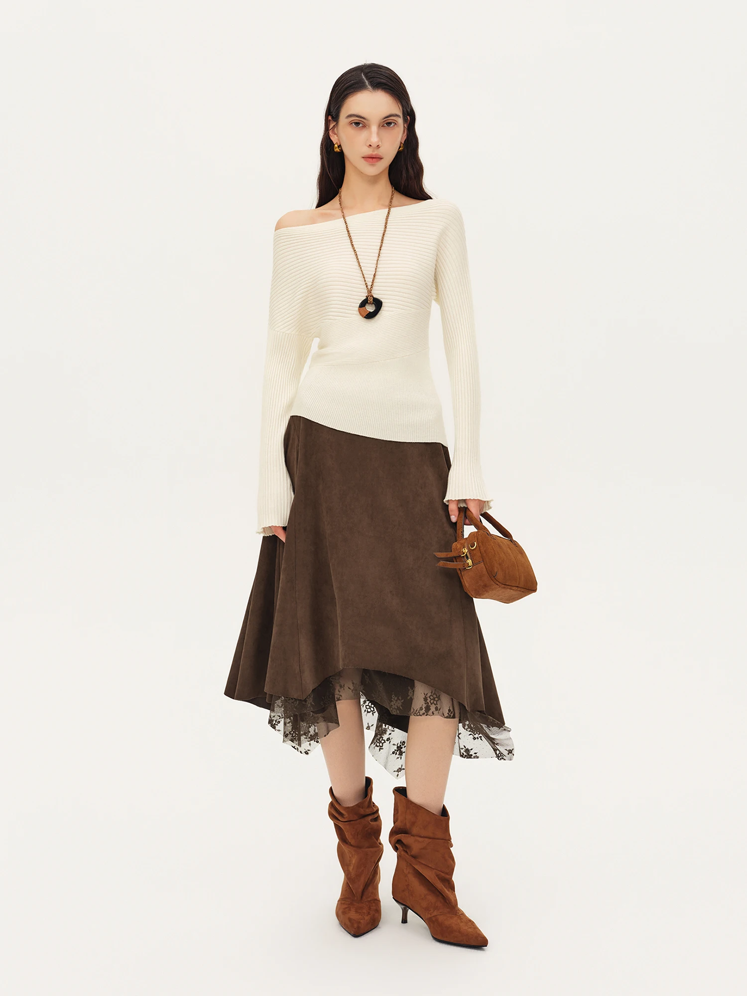ZIQIAO Women's 2026 Autumn New Style Off-Shoulder Wool Knit Sweater Slimming Waist Long Sleeve Basics Simple Solid