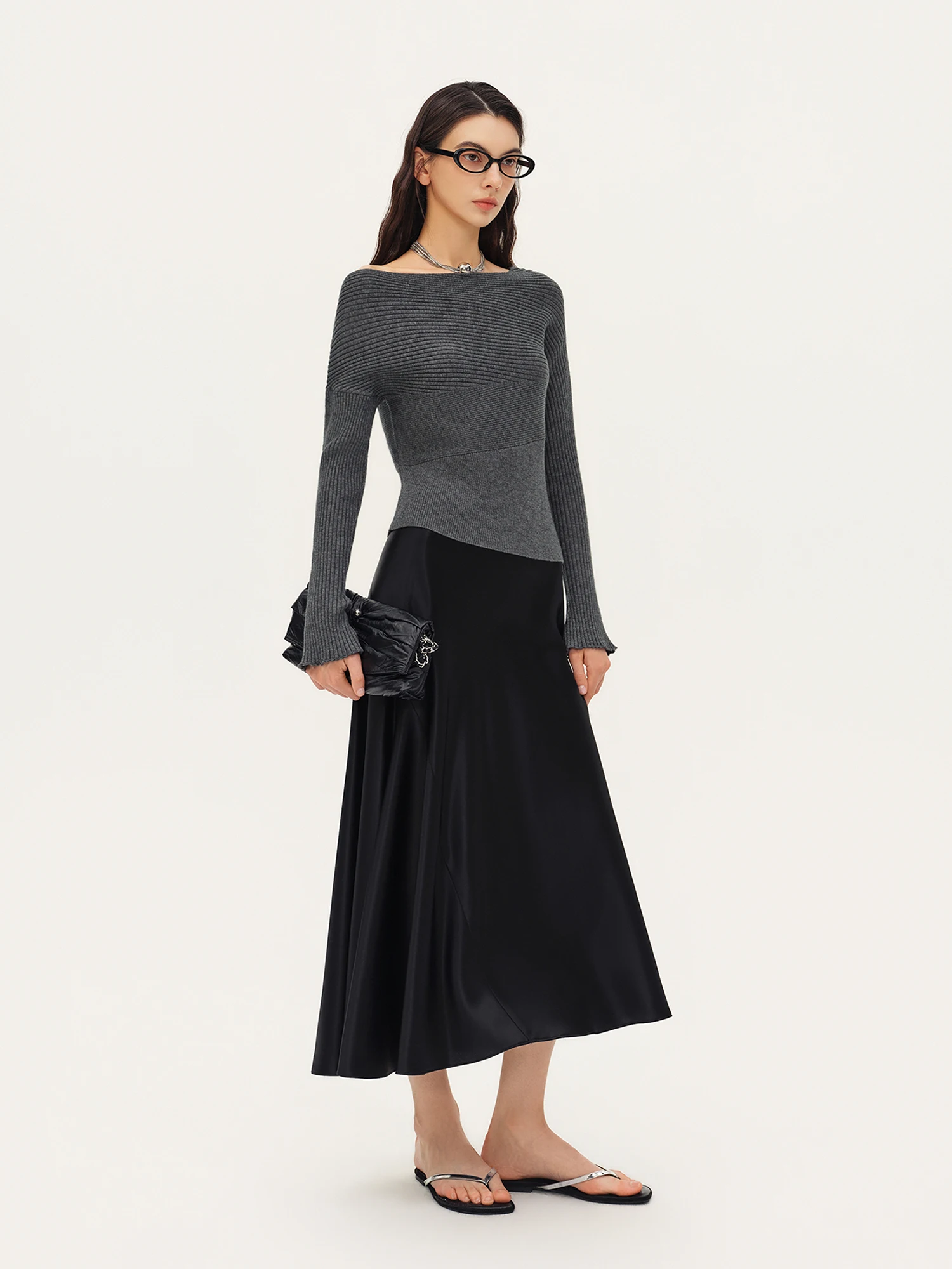 ZIQIAO Women's 2026 Autumn New Style Off-Shoulder Wool Knit Sweater Slimming Waist Long Sleeve Basics Simple Solid