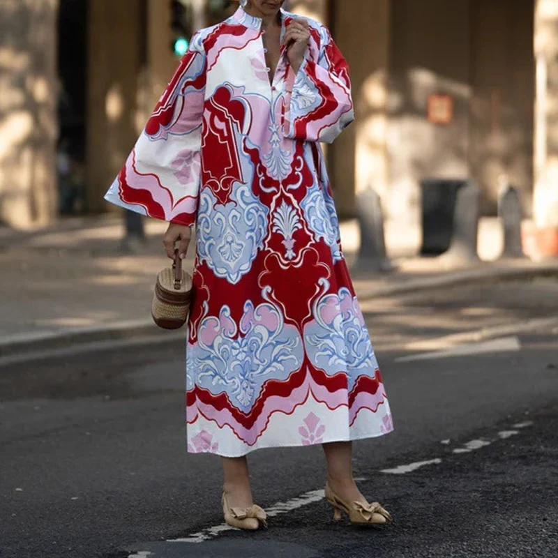 Bohemian Stand Up Collar A-Line Length Dress Retro Print Long Sleeved Office Commuting Dress Casual Linen Loose Plus Size Dress