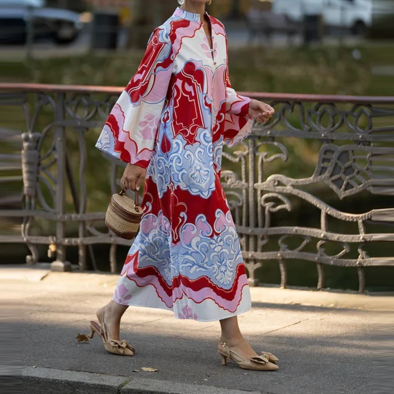 Bohemian Stand Up Collar A-Line Length Dress Retro Print Long Sleeved Office Commuting Dress Casual Linen Loose Plus Size Dress