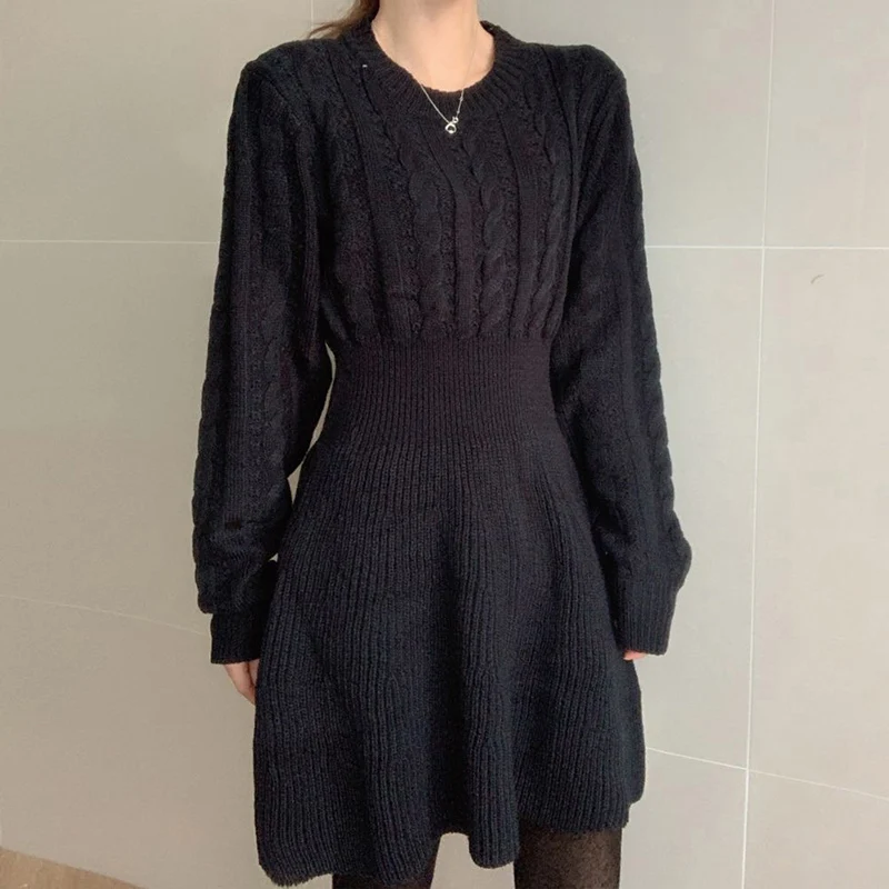 Autumn Winter A Line Sweater Dress Women Korean Fashion Long Sleeve Knitted Dresses Woman 2026 Round Neck Warm Midi Dress Ladies