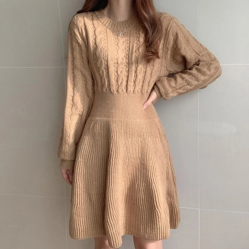 Autumn Winter A Line Sweater Dress Women Korean Fashion Long Sleeve Knitted Dresses Woman 2026 Round Neck Warm Midi Dress Ladies