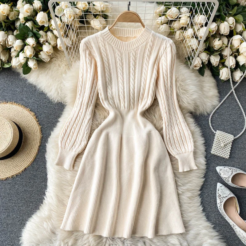 Autumn Winter A Line Sweater Dress Women Korean Fashion Long Sleeve Knitted Dresses Woman 2026 Round Neck Warm Midi Dress Ladies