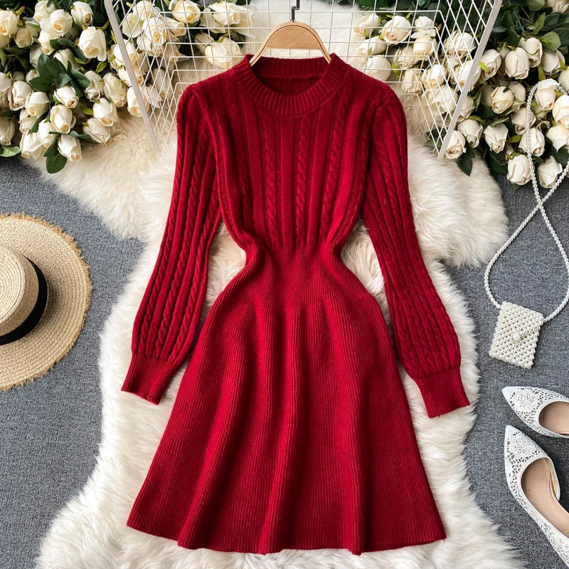 Autumn Winter A Line Sweater Dress Women Korean Fashion Long Sleeve Knitted Dresses Woman 2026 Round Neck Warm Midi Dress Ladies