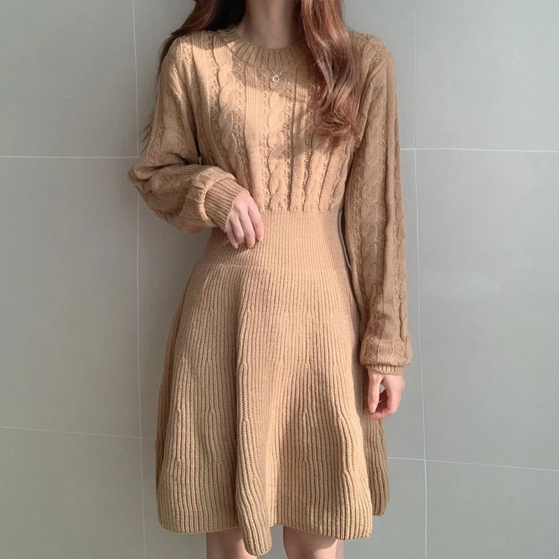 Autumn Winter A Line Sweater Dress Women Korean Fashion Long Sleeve Knitted Dresses Woman 2026 Round Neck Warm Midi Dress Ladies