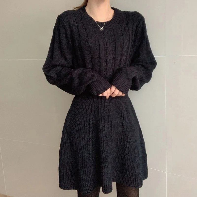 Autumn Winter A Line Sweater Dress Women Korean Fashion Long Sleeve Knitted Dresses Woman 2026 Round Neck Warm Midi Dress Ladies
