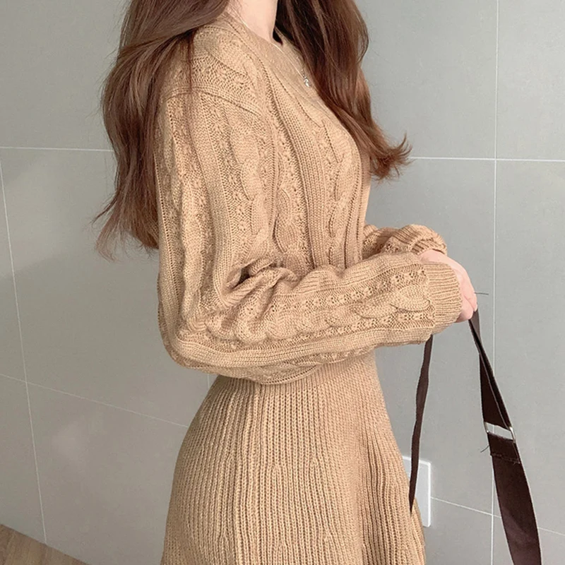 Autumn Winter A Line Sweater Dress Women Korean Fashion Long Sleeve Knitted Dresses Woman 2026 Round Neck Warm Midi Dress Ladies