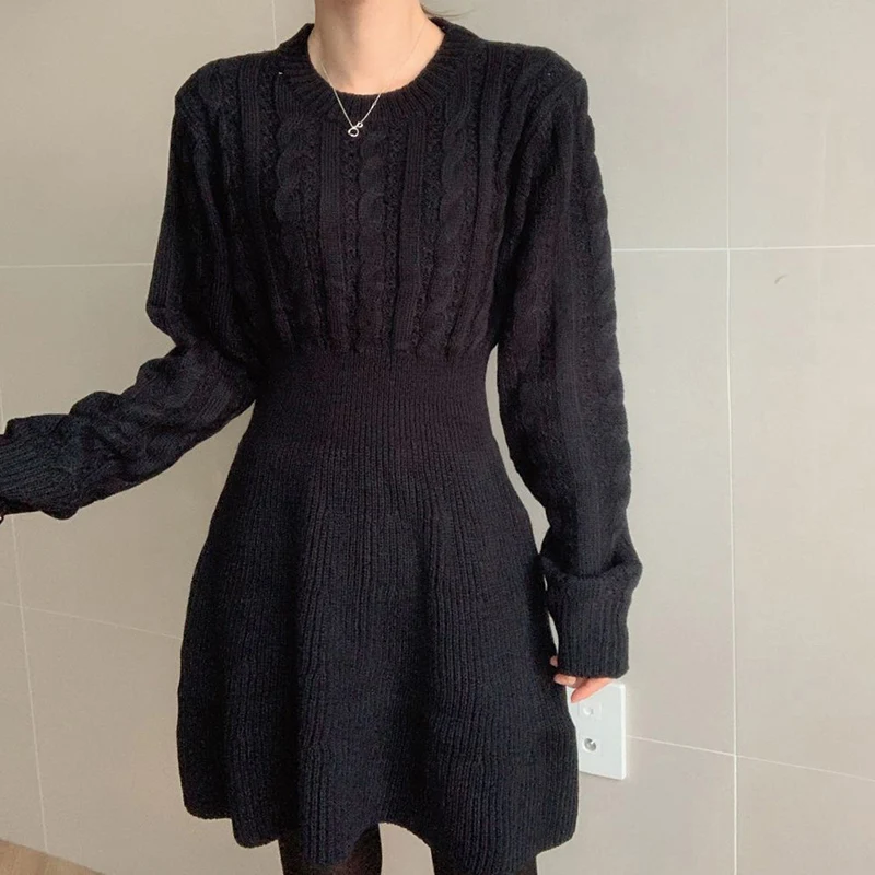 Autumn Winter A Line Sweater Dress Women Korean Fashion Long Sleeve Knitted Dresses Woman 2026 Round Neck Warm Midi Dress Ladies