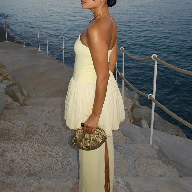 Elegant Strapless Off Shoulder Pleated Party Dress Trendy Solid Sleeveless Banquet Dress Sexy One Neck Backless High Waist Dress