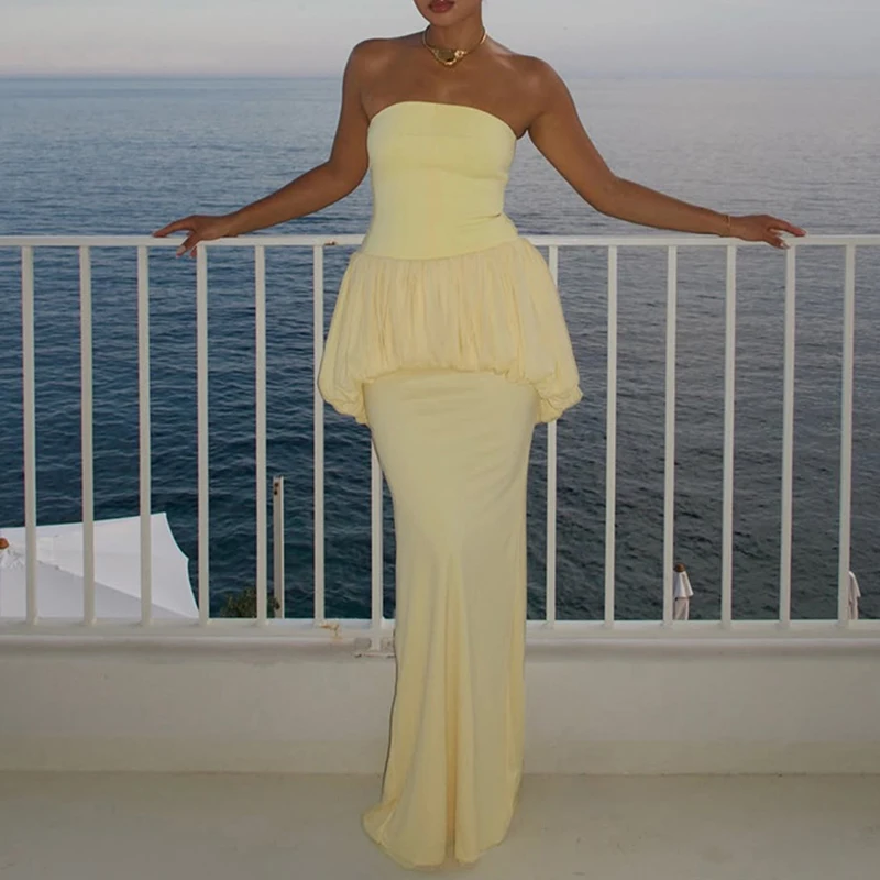 Elegant Strapless Off Shoulder Pleated Party Dress Trendy Solid Sleeveless Banquet Dress Sexy One Neck Backless High Waist Dress