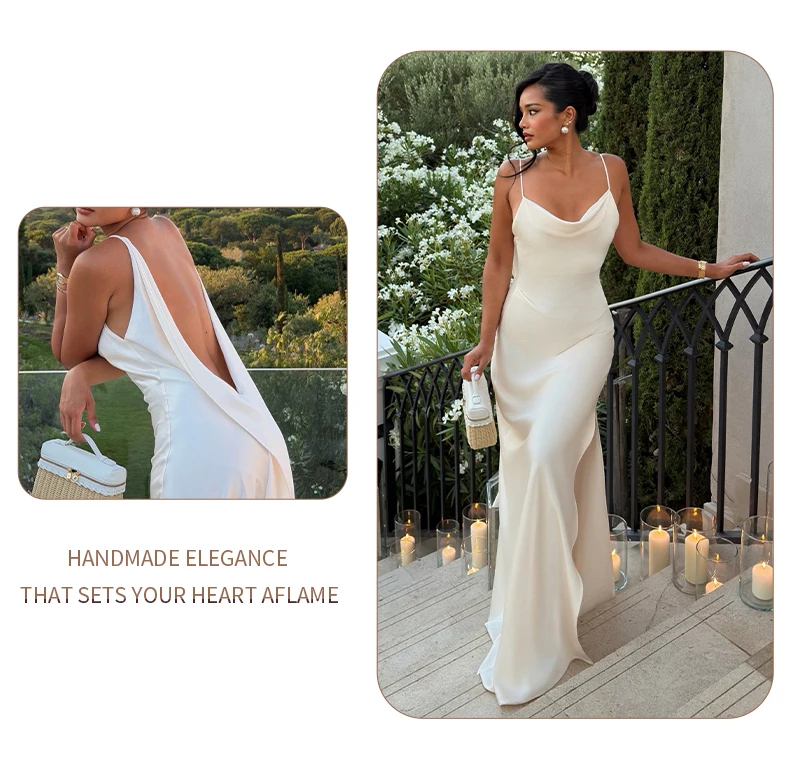 White Satin Slip Maxi Dress Draped Cowl Neck Spaghetti Strap High Split Floor Length Wedding Guest Evening Party Long Dress