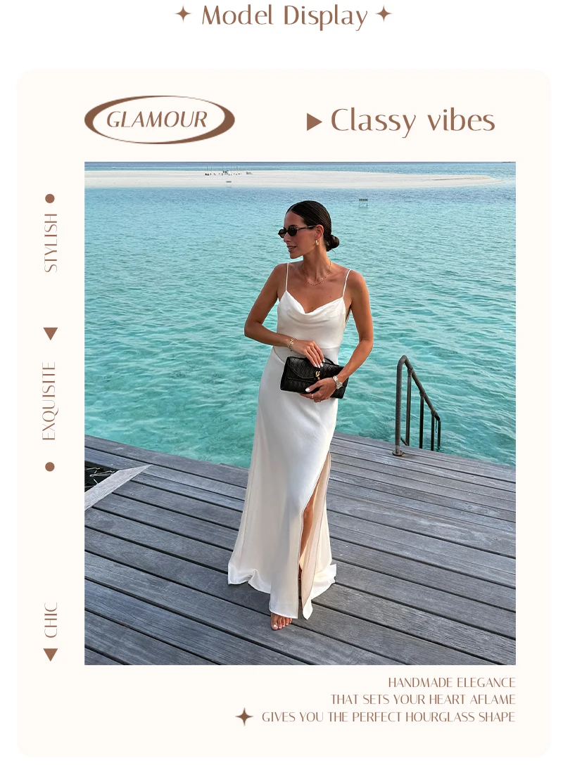 White Satin Slip Maxi Dress Draped Cowl Neck Spaghetti Strap High Split Floor Length Wedding Guest Evening Party Long Dress