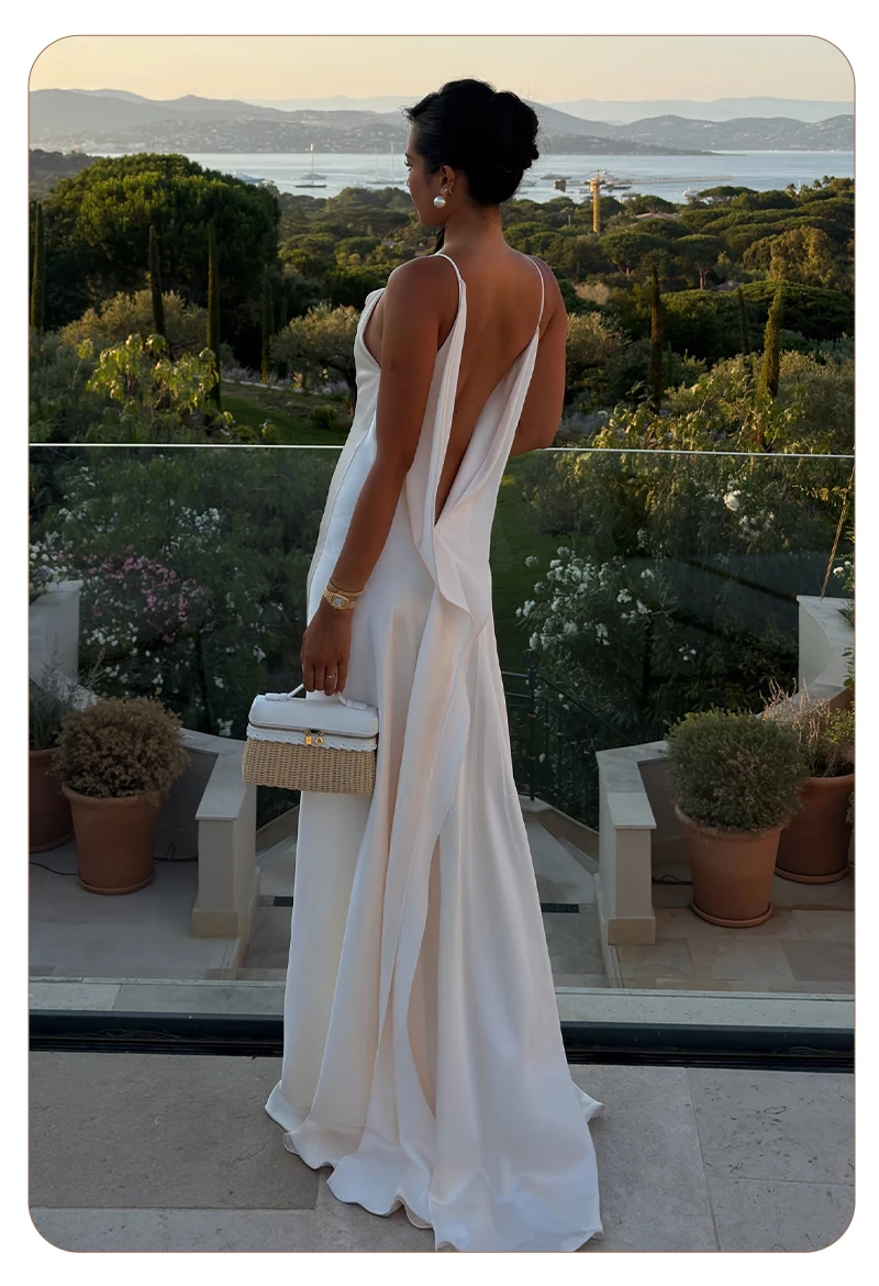 White Satin Slip Maxi Dress Draped Cowl Neck Spaghetti Strap High Split Floor Length Wedding Guest Evening Party Long Dress