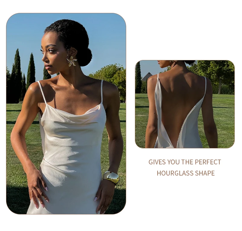 White Satin Slip Maxi Dress Draped Cowl Neck Spaghetti Strap High Split Floor Length Wedding Guest Evening Party Long Dress