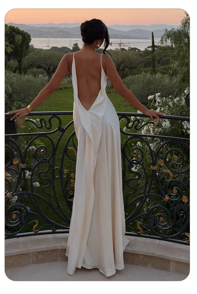 White Satin Slip Maxi Dress Draped Cowl Neck Spaghetti Strap High Split Floor Length Wedding Guest Evening Party Long Dress