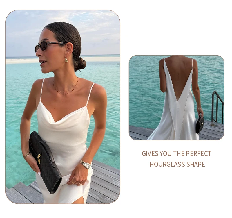 White Satin Slip Maxi Dress Draped Cowl Neck Spaghetti Strap High Split Floor Length Wedding Guest Evening Party Long Dress