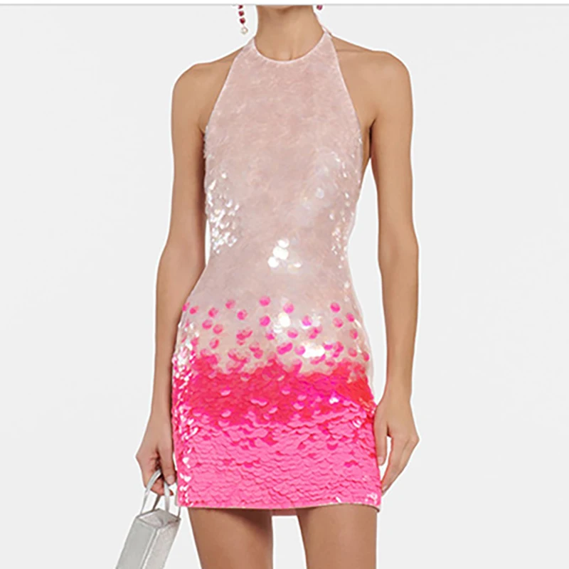 Lady Gradient Sequin Mini Dress Halter Sleeveless Hollow Out Sheer Mesh Bodycon Short Dress Sexy High Waist Wrap Hip Party Dress