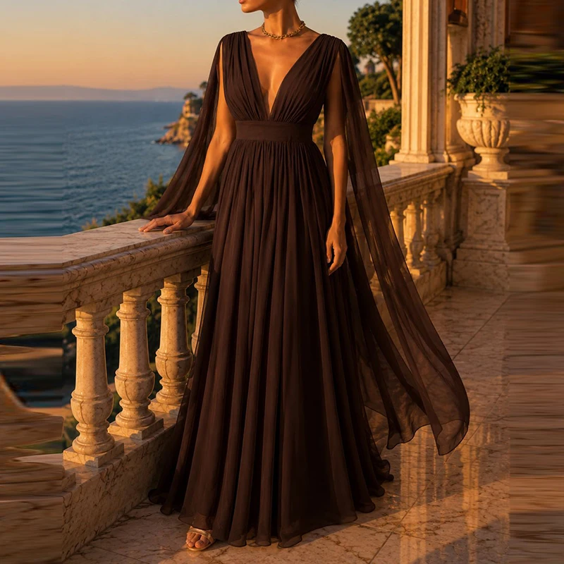 Autumn Slit Long Sleeve Maxi Dresses Luxury Deep V Neck Hollow Party Dress Women Casual Solid High Waist Mesh Pleated Long Dress