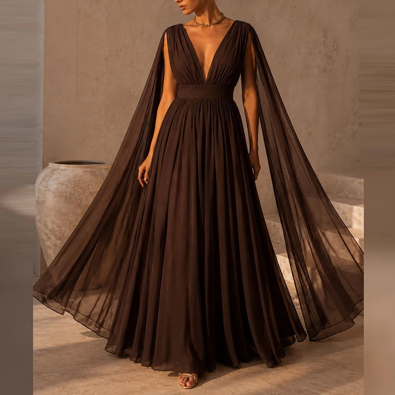 Autumn Slit Long Sleeve Maxi Dresses Luxury Deep V Neck Hollow Party Dress Women Casual Solid High Waist Mesh Pleated Long Dress