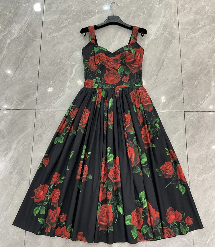 Seifrmann Casual printed cotton suspender dress square neck sleeveless waist mid-length dress 2026 autumn women's new style