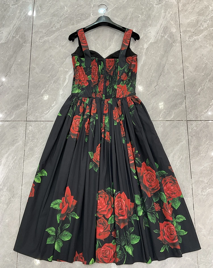 Seifrmann Casual printed cotton suspender dress square neck sleeveless waist mid-length dress 2026 autumn women's new style