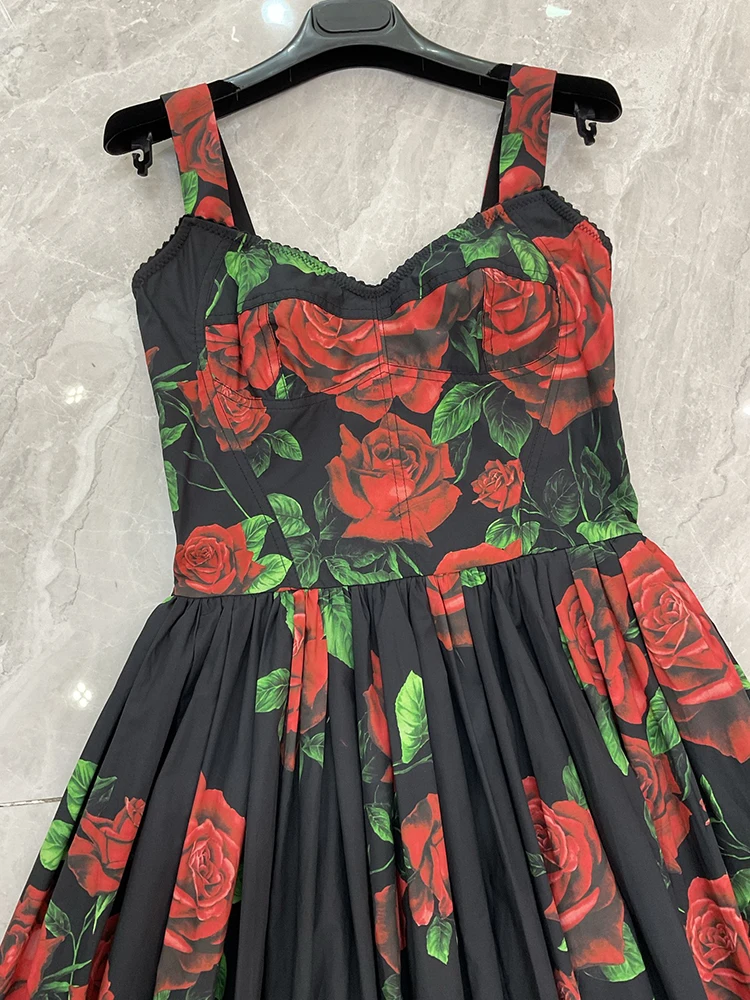 Seifrmann Casual printed cotton suspender dress square neck sleeveless waist mid-length dress 2026 autumn women's new style