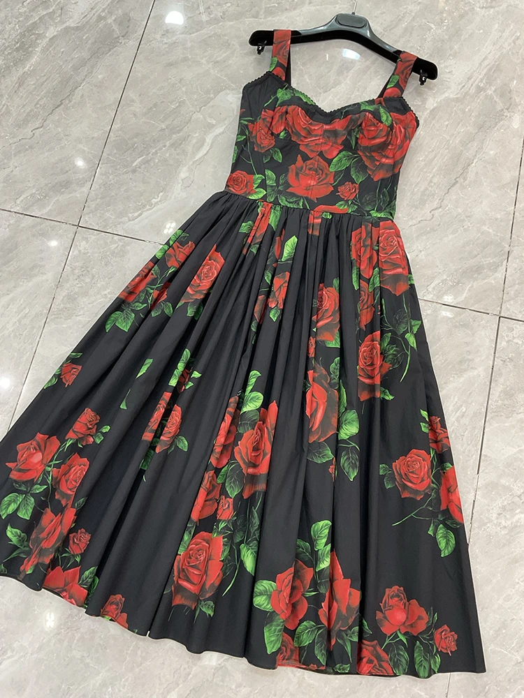 Seifrmann Casual printed cotton suspender dress square neck sleeveless waist mid-length dress 2026 autumn women's new style