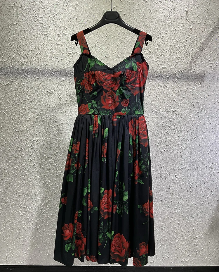 Seifrmann Casual printed cotton suspender dress square neck sleeveless waist mid-length dress 2026 autumn women's new style