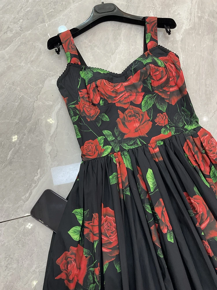 Seifrmann Casual printed cotton suspender dress square neck sleeveless waist mid-length dress 2026 autumn women's new style