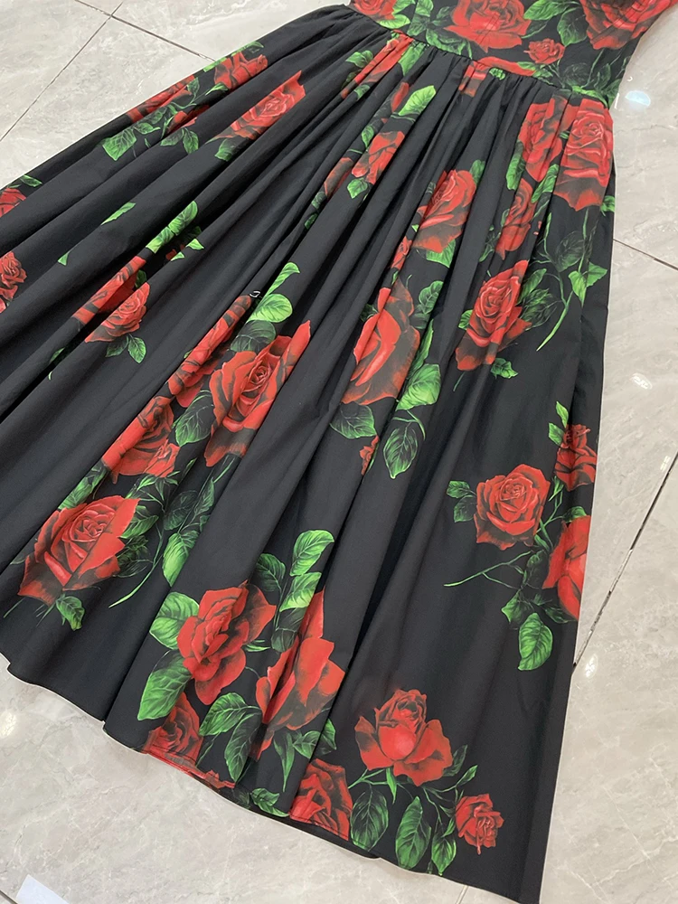 Seifrmann Casual printed cotton suspender dress square neck sleeveless waist mid-length dress 2026 autumn women's new style