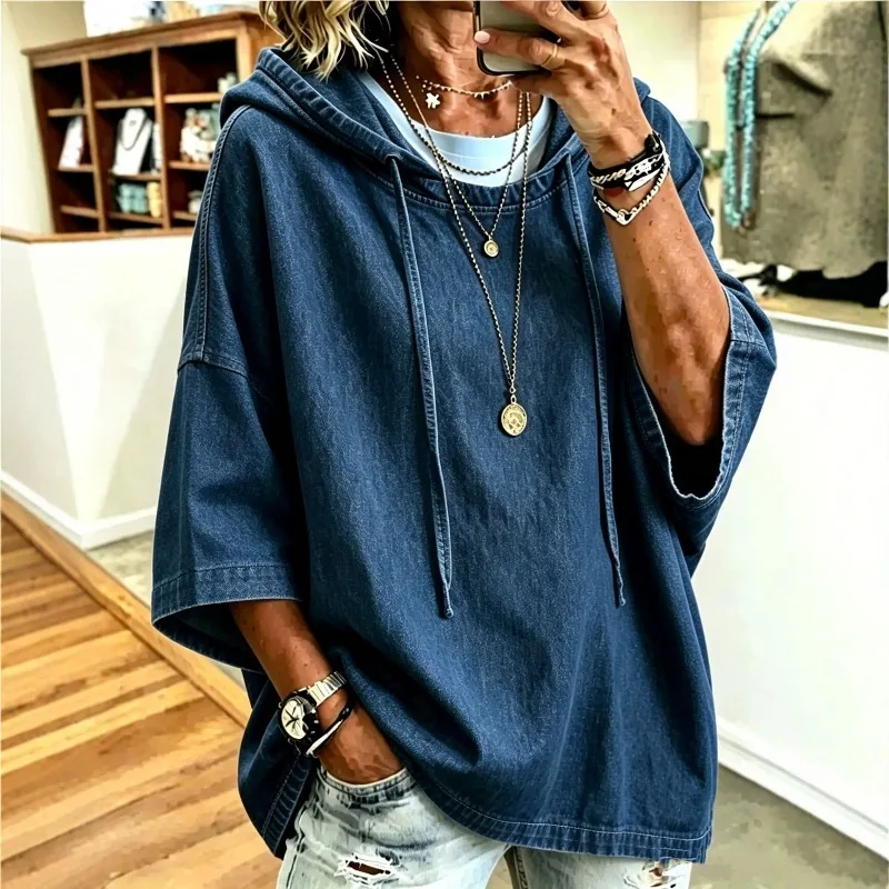 2026 New Denim Hoodie Three Quarter Sleeve Drawstring Loose Casual Pullover Women Streetwear ToP