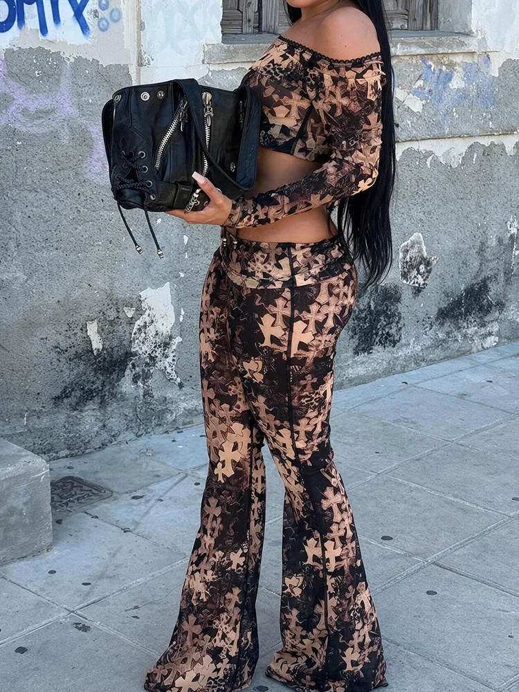 2026 Autumn Casual Women Print Suits 2 Piece Set (Crop Top+Flare Pants) Hot Girl Vintage Tracksuits Transition Outfit Slim