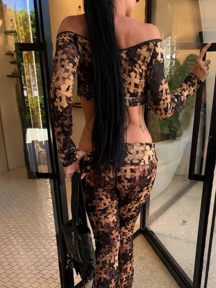 2026 Autumn Casual Women Print Suits 2 Piece Set (Crop Top+Flare Pants) Hot Girl Vintage Tracksuits Transition Outfit Slim