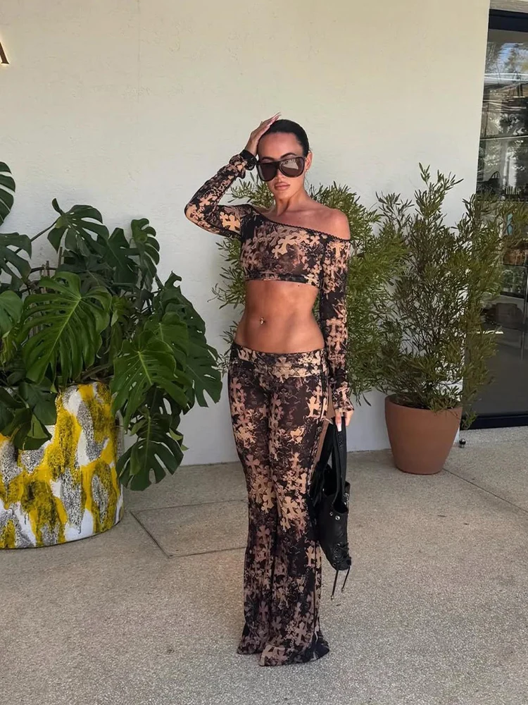 2026 Autumn Casual Women Print Suits 2 Piece Set (Crop Top+Flare Pants) Hot Girl Vintage Tracksuits Transition Outfit Slim