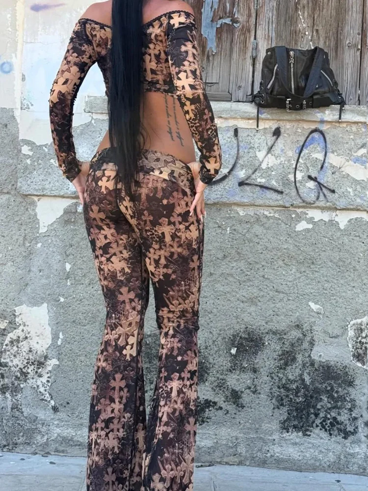 2026 Autumn Casual Women Print Suits 2 Piece Set (Crop Top+Flare Pants) Hot Girl Vintage Tracksuits Transition Outfit Slim