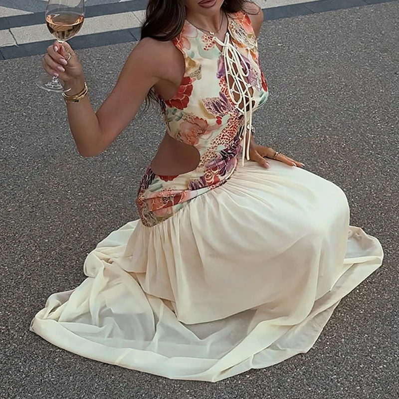 Casual O Neck Hollowed Out Pleated Robe Dress 2026 Summer Vacation Cocktail Dresses Pattern Printed Patchwork Vest Party Dress