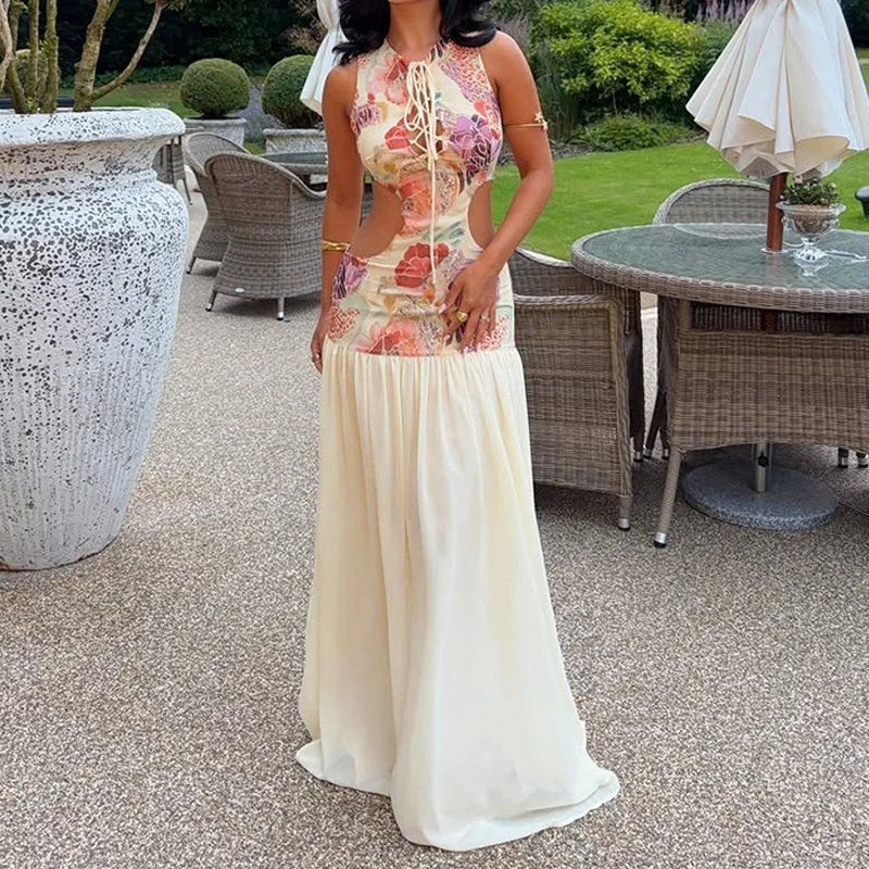 Casual O Neck Hollowed Out Pleated Robe Dress 2026 Summer Vacation Cocktail Dresses Pattern Printed Patchwork Vest Party Dress