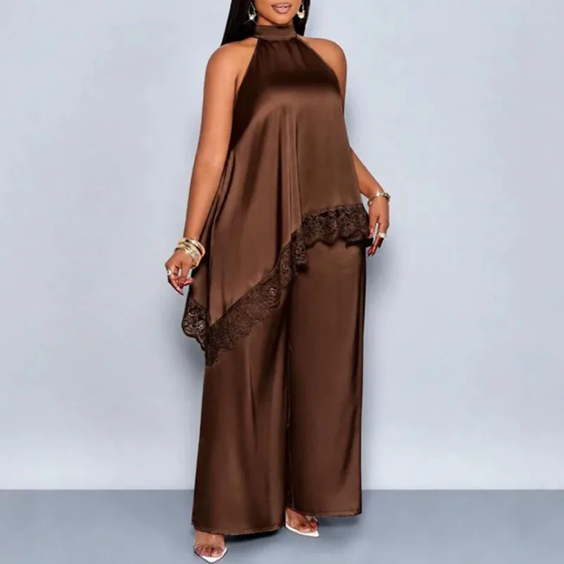 Luxury Lace Splicing Tank Top+Pants 2pc Set Casual Solid Off Shoulder Irregular Office Suit Elegant Half High Neck Loose Outfit