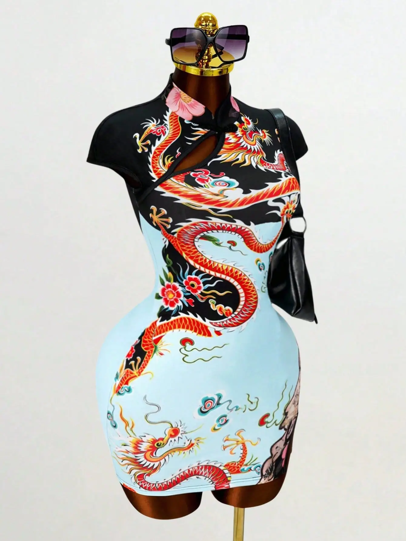 Y2K Streetwear Party Club Dresses Women Chinese Style Dragon Print Qipao Dress Short Sleeve Cutout Bodycon Cheongsam Split Hem