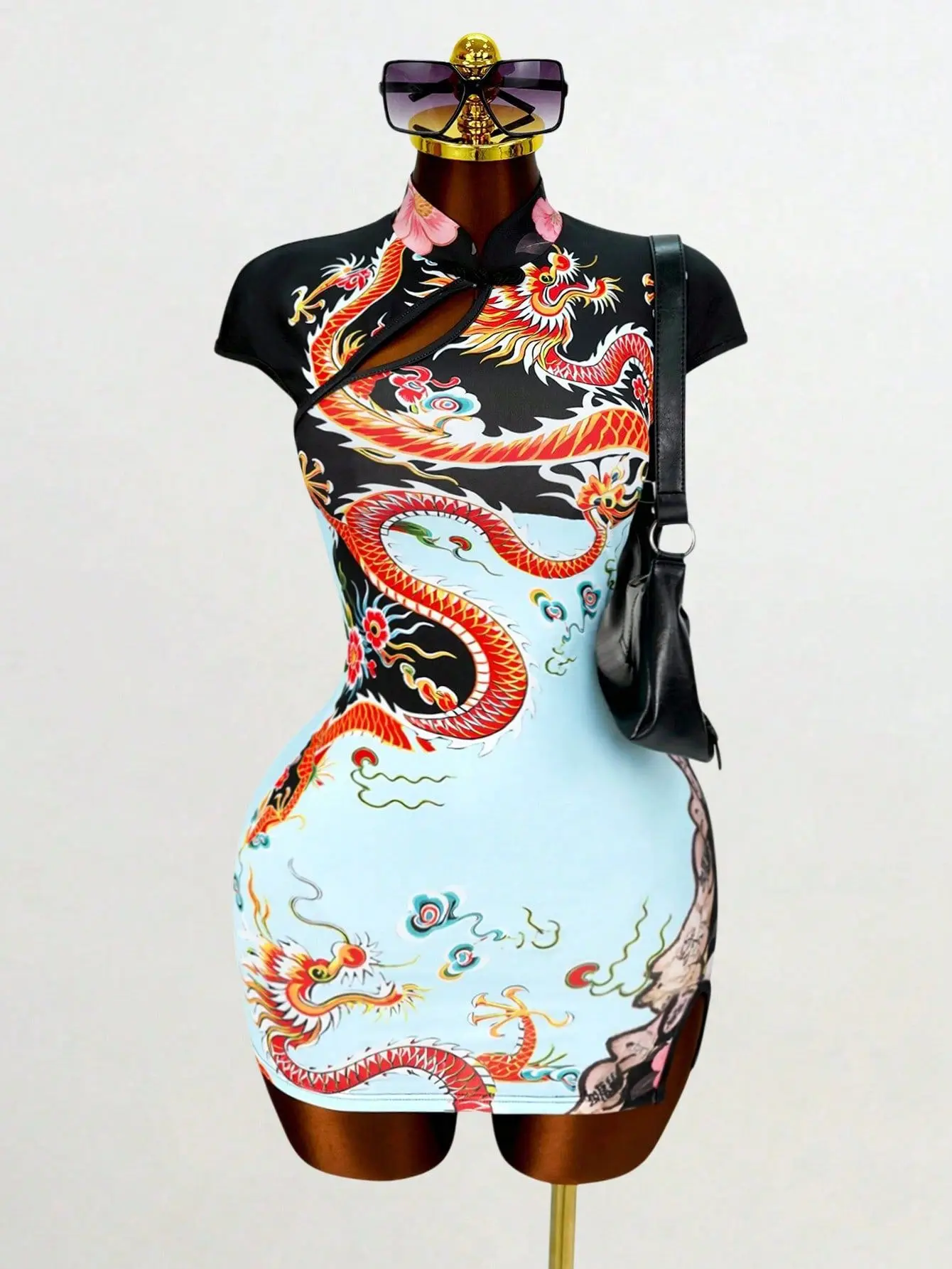 Y2K Streetwear Party Club Dresses Women Chinese Style Dragon Print Qipao Dress Short Sleeve Cutout Bodycon Cheongsam Split Hem