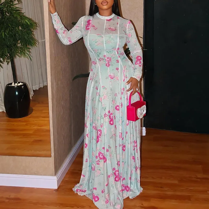 Fashion Women's O-neck Commute Maxi Dresses 2026 Autumn New High Waist Chiffon Dress Elegant Long Sleeve Printed Evening Dress