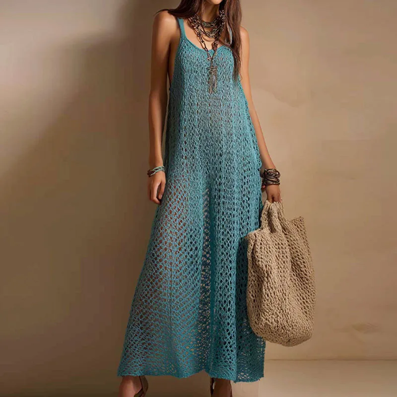 Temperament Suspender Off Shoulder Beach Vacation Dress New Casual Solid Backless Loose Dress Lady Sexy Hollow See Through Dress
