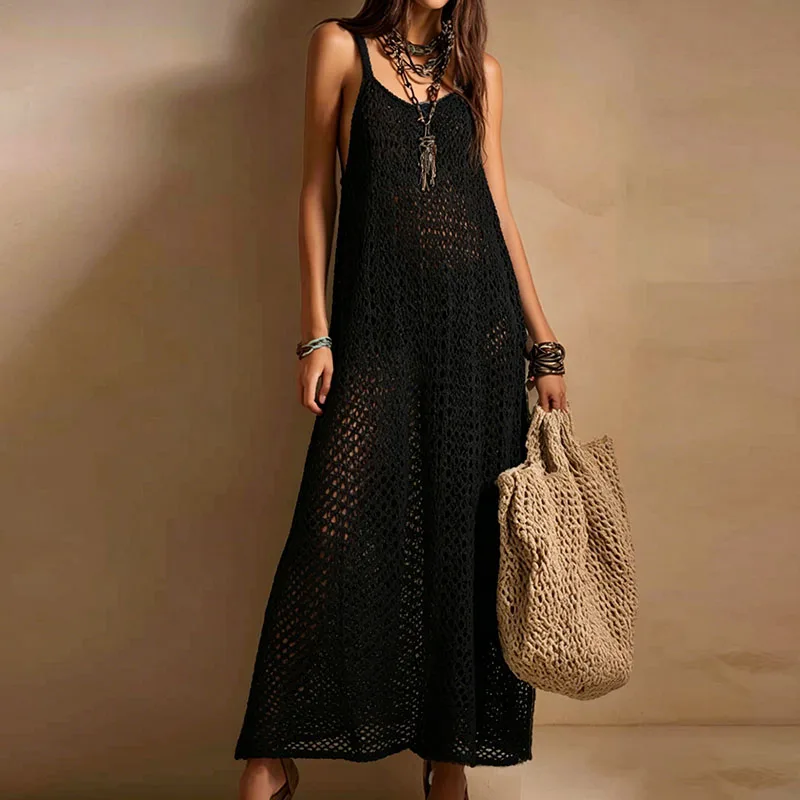 Temperament Suspender Off Shoulder Beach Vacation Dress New Casual Solid Backless Loose Dress Lady Sexy Hollow See Through Dress