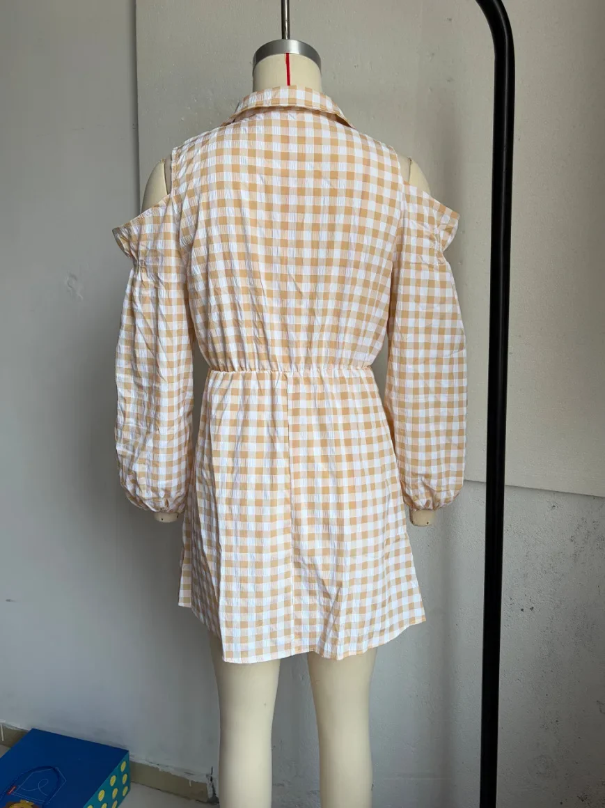 Fashion Cold Shoulder Gingham Plaid Dress Women's Lapel Collar Lantern Long Sleeve Button Front A‑Line Casual Short Mini Dress