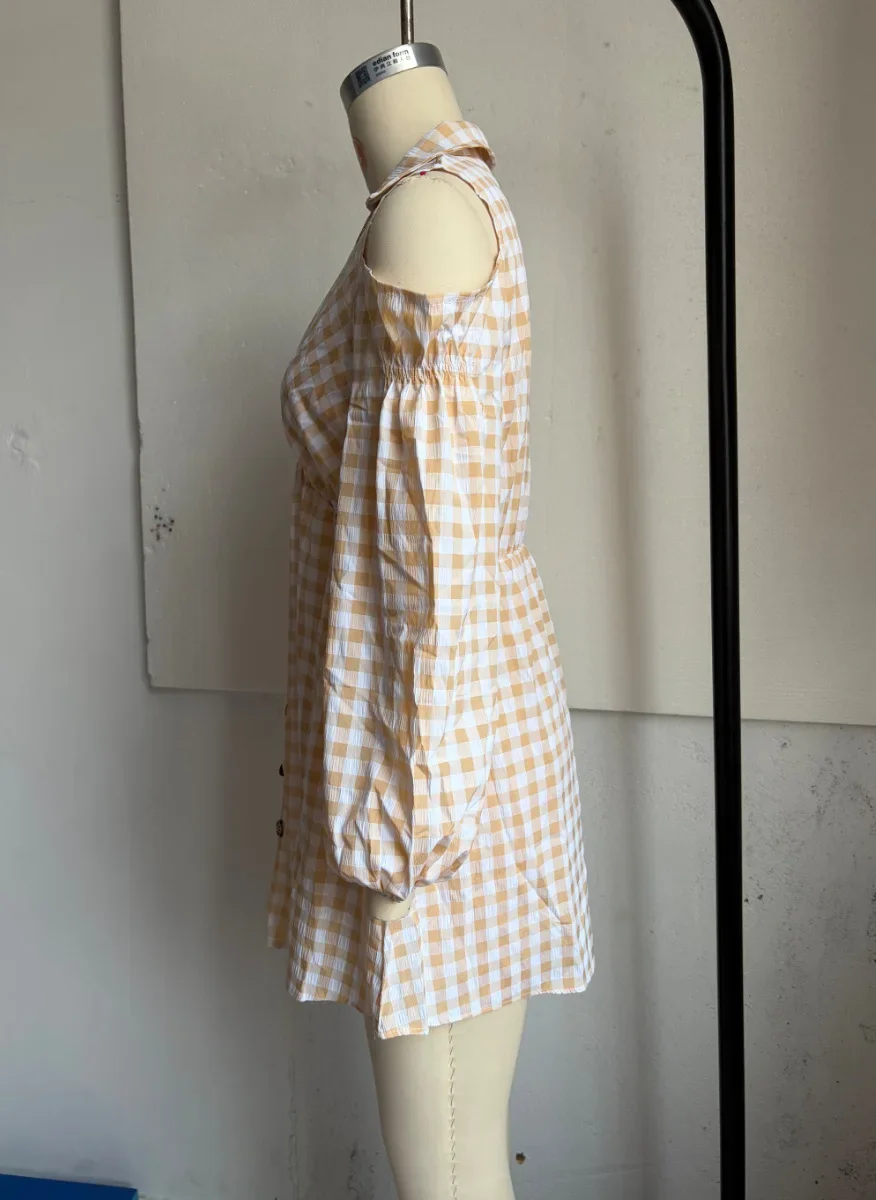 Fashion Cold Shoulder Gingham Plaid Dress Women's Lapel Collar Lantern Long Sleeve Button Front A‑Line Casual Short Mini Dress