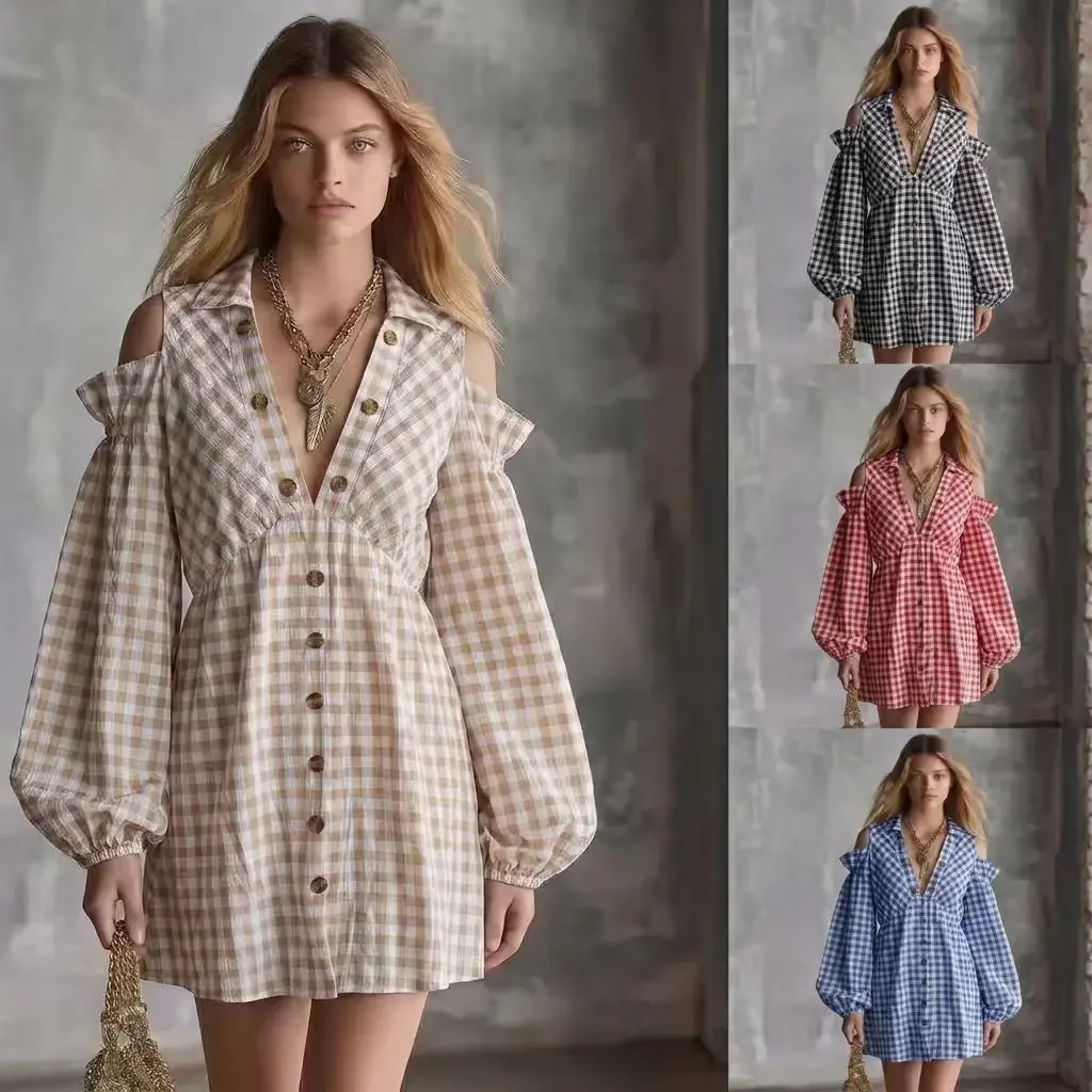 Fashion Cold Shoulder Gingham Plaid Dress Women's Lapel Collar Lantern Long Sleeve Button Front A‑Line Casual Short Mini Dress